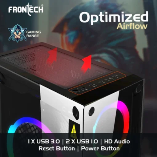 Frontech And Gaming ATX Cabinet | Front & Side Glass Panel, 4x 120mm RGB Fans, USB 1.1 & USB 3.0 Ports - Image 3