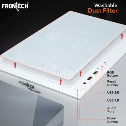 Frontech Snowy Gaming ATX Cabinet | Tempered Glass Panel, 3x120mm RGB Fan, USB 1.1 Ports & 3.0 Ports, White - Image 3
