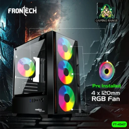 Frontech Mythos Gaming PC Cabinet | 4 x 120mm LED Fans, Tempered Glass, USB 1.0 & 3.0 - Image 4