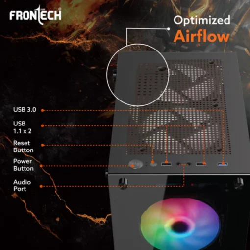 Frontech Xylo Gaming ATX Cabinet | Tempered Glass Side Panel, 3x120mm RGB Fans, 2xUSB 1.1 & USB 3.0 Ports - Image 2