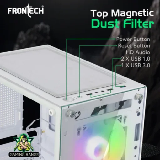 Frontech Xylo Gaming ATX Cabinet | Tempered Glass Side Panel, 3x120mm RGB Fans, USB 2xUSB 1.1 & 3.0 Ports, White - Image 3