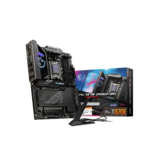 MSI MPG X870E Carbon WIFI ATX Motherboard Features • Powerful Processor Support Built for AMD Ryzen 7000, 8000, and 9000 Series desktop processors, offering excellent performance. Consequently, multitasking, gaming, and professional workloads run smoothly. Such compatibility ensures your system stays future-proof for upcoming applications. • High-Speed DDR5 Memory Supports dual-channel DDR5 memory up to 8400+ MT/s (OC), allowing faster data transfer and improved responsiveness. In addition, Memory Boost technology enhances stability during intensive workloads. Together, these features enable seamless multitasking and smooth performance under pressure. • Ultra Performance Power System Features an 18+2+1 Duet Rail Power System with dual 8-pin CPU connectors for reliable power delivery. Core Boost and Memory Boost ensure efficiency and stable operation during demanding tasks. Moreover, the 8-layer PCB, constructed from 2oz thickened copper and server-grade materials, provides durability and superior thermal management. • Efficient Cooling with Frozr Guard Enlarged heatsink with integrated heat pipe keeps critical components cool. Thermal pads rated at 7W/mK and extra choke pads improve heat dissipation significantly. Furthermore, the M.2 Shield Frozr protects storage while maintaining consistent performance during heavy workloads. • EZ DIY Installation EZ PCIe Release, EZ M.2 Shield Frozr II, EZ M.2 Clip II, and EZ Antenna simplify assembly. As a result, installation is faster and components remain protected from accidental damage. • Lightning-Fast Storage and Connectivity PCIe 5.0 slots and Lightning Gen 5 x4 M.2 storage enable rapid data access. High-speed connectivity through USB4, 5G LAN, 2.5G LAN, and Wi-Fi 7 ensures secure and stable networking. Consequently, online gaming, streaming, and professional workflows are smoother and more reliable. • Immersive Audio Experience Audio Boost 5 delivers studio-grade sound for immersive gaming, media, and professional tasks. Therefore, users enjoy rich, detailed audio for maximum engagement.
